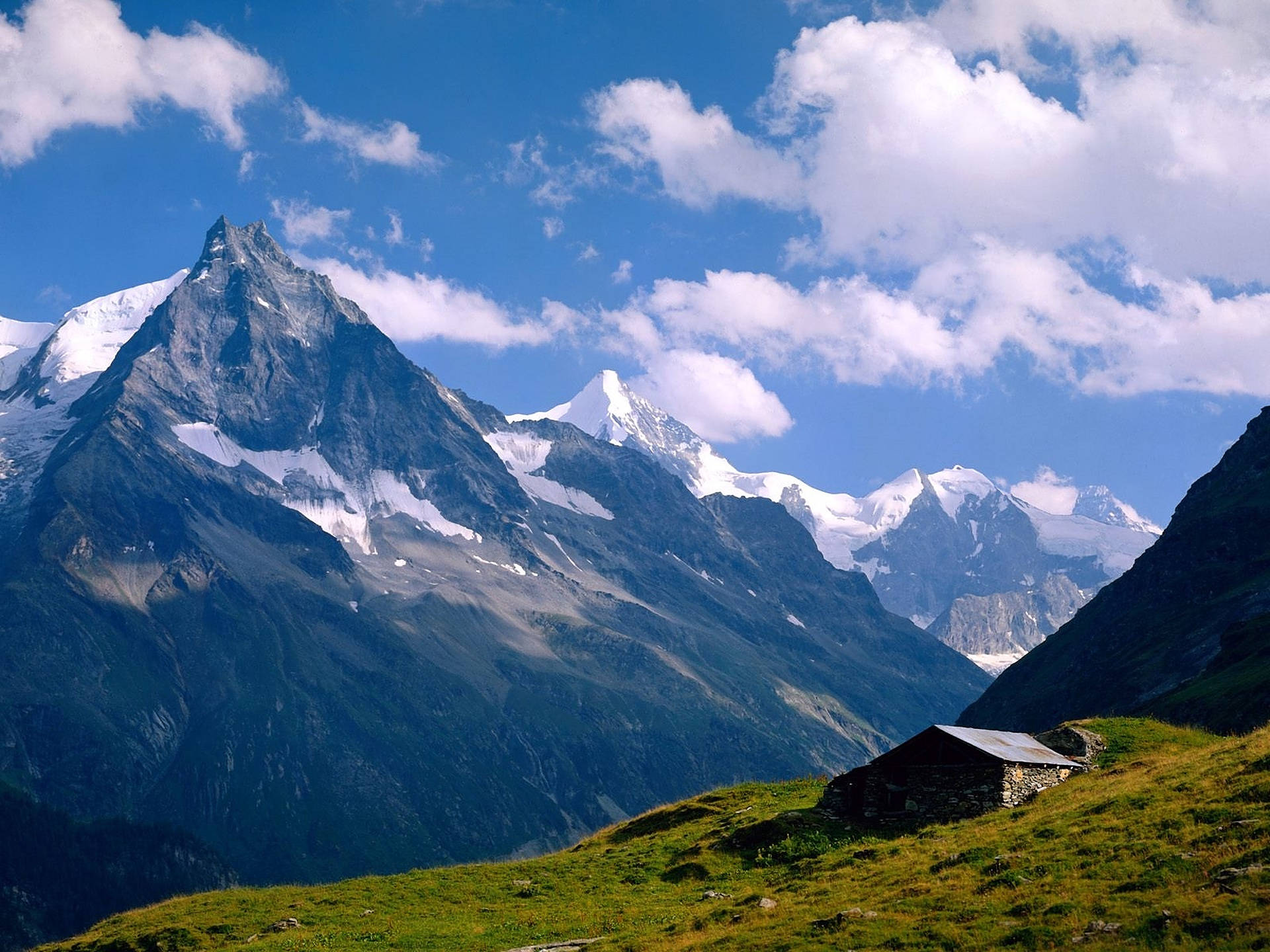 Swiss Alps, stone cabin, snow-capped mountain peaks, Full HD Desktop Wallpaper