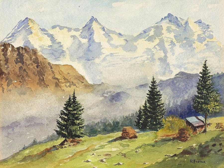 Swiss Alps, watercolor painting, snow-capped mountains, SD Desktop Wallpaper
