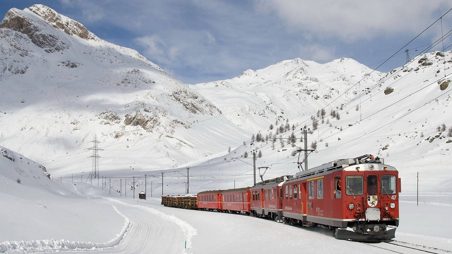 Swiss Alps, red train, snowy mountain valley, Full HD Desktop Wallpaper