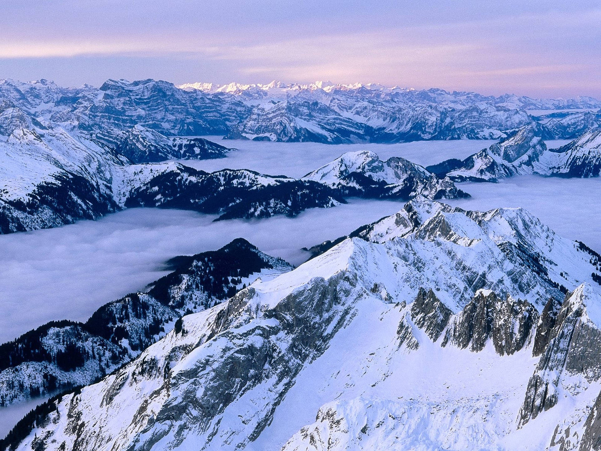 Swiss Alps, aerial view, snowcapped mountain peaks, Full HD Desktop Wallpaper
