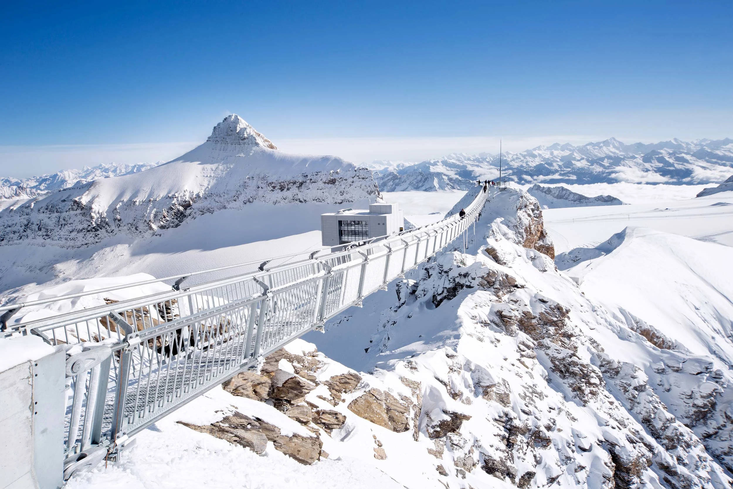 Swiss Alps, suspension bridge, glass walkway, Full HD Desktop Wallpaper