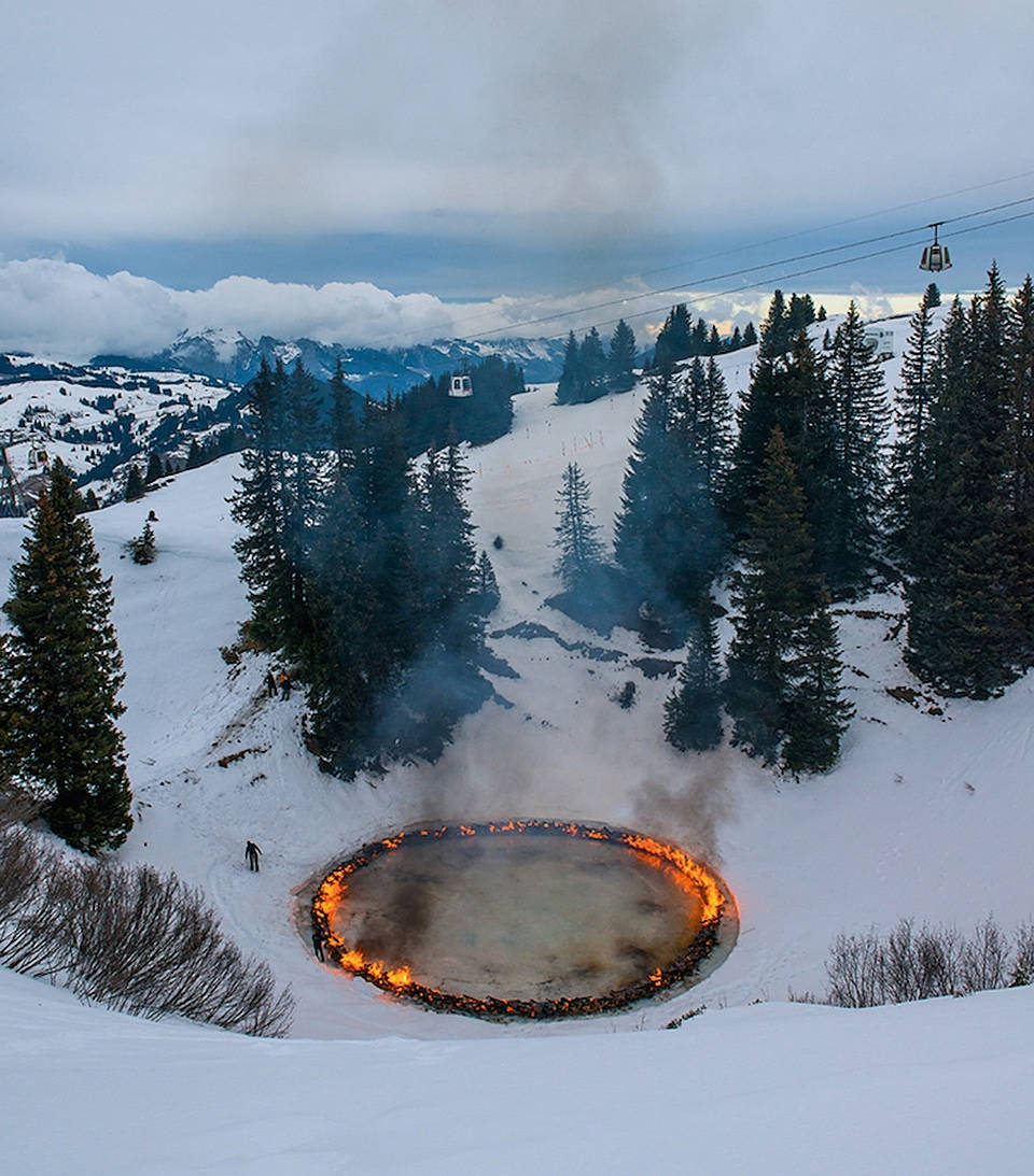 Swiss Alps, fiery circular pool, snowy mountain valley, SD Phone Wallpaper