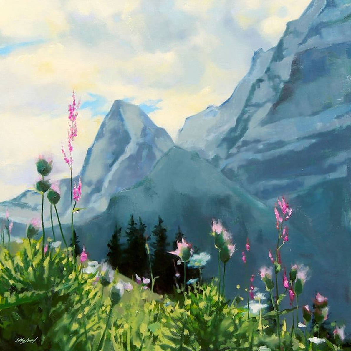 Blue Mountain, Swiss Alps, vibrant pink wildflowers, SD Desktop Wallpaper