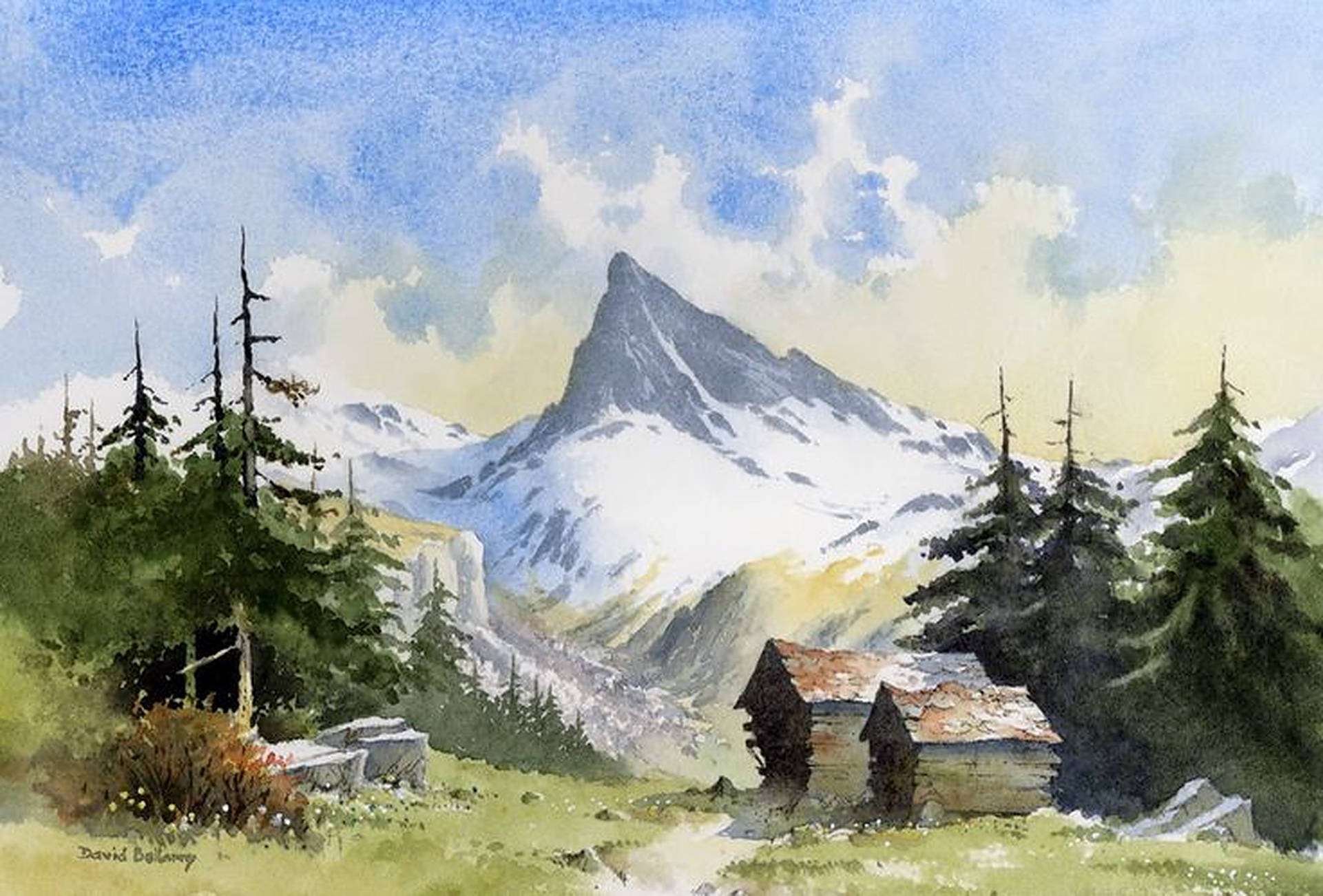 Swiss Alps, pine trees, rustic cabin, Full HD Desktop Wallpaper