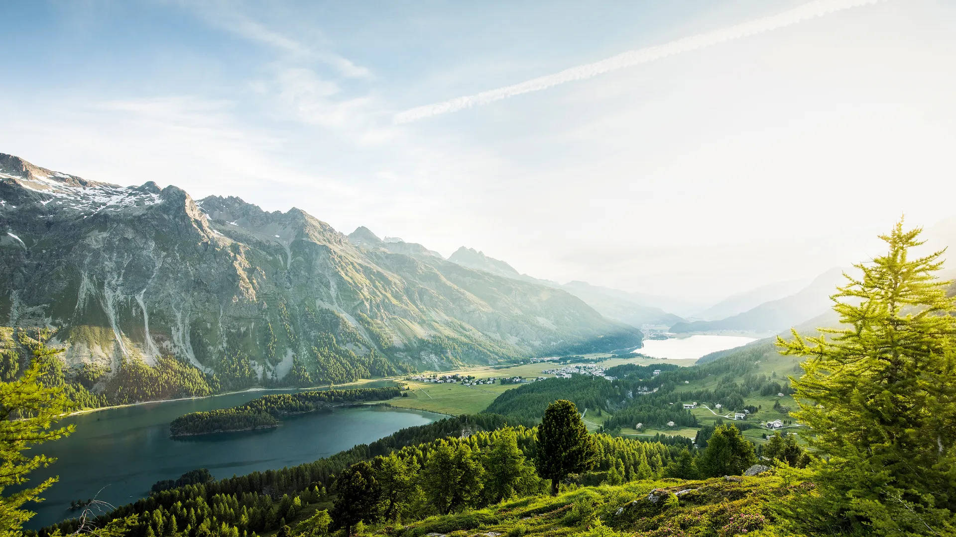 Swiss Alps, summer, serene lake, Full HD Desktop Wallpaper