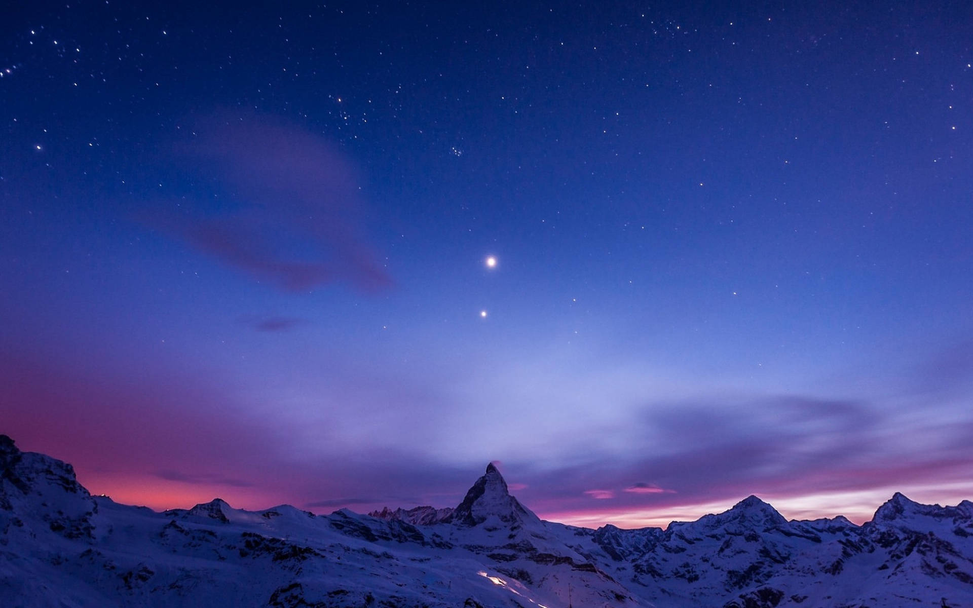 Swiss Alps, blue purple sky, snowy mountain peaks, Full HD Desktop Wallpaper