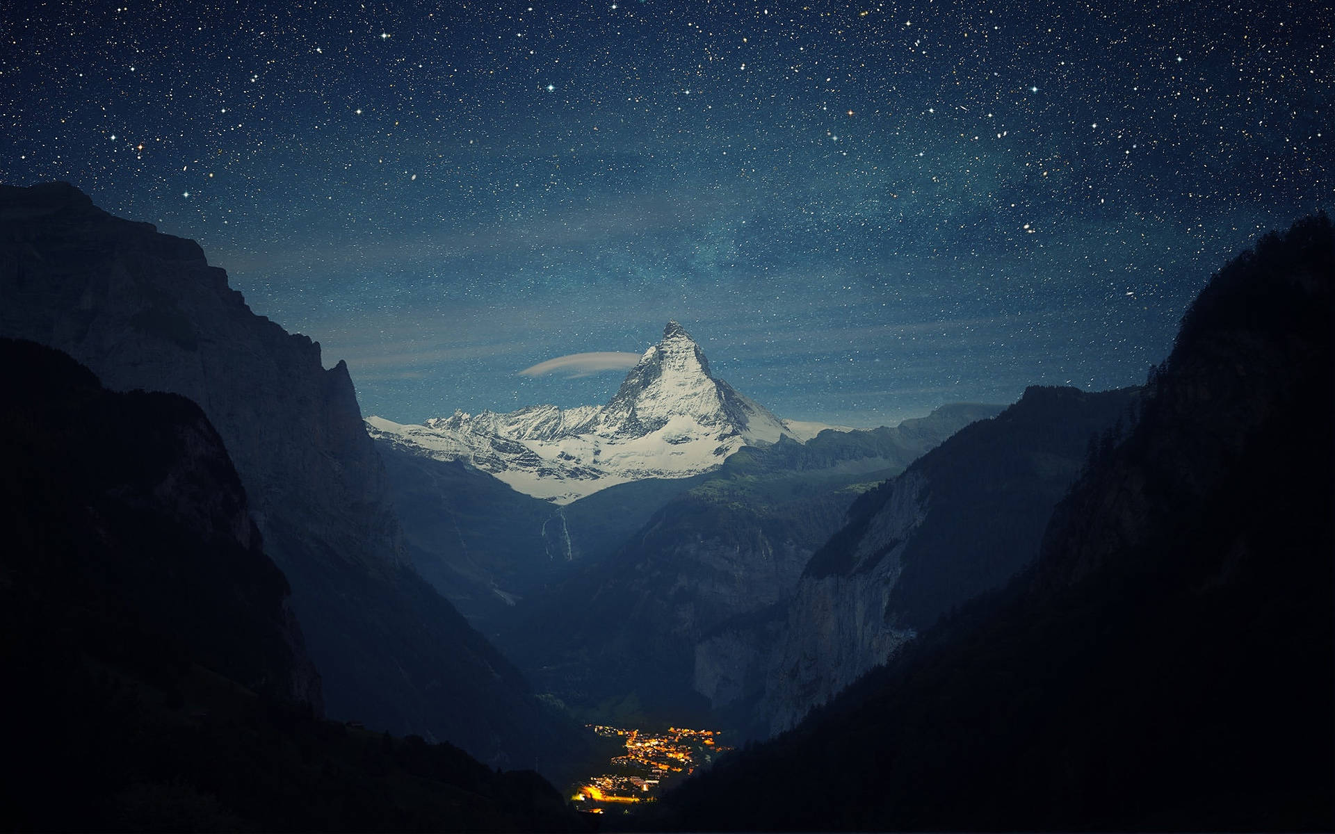 Swiss Alps, snow-capped mountain peak, starry night sky, Full HD Desktop Wallpaper