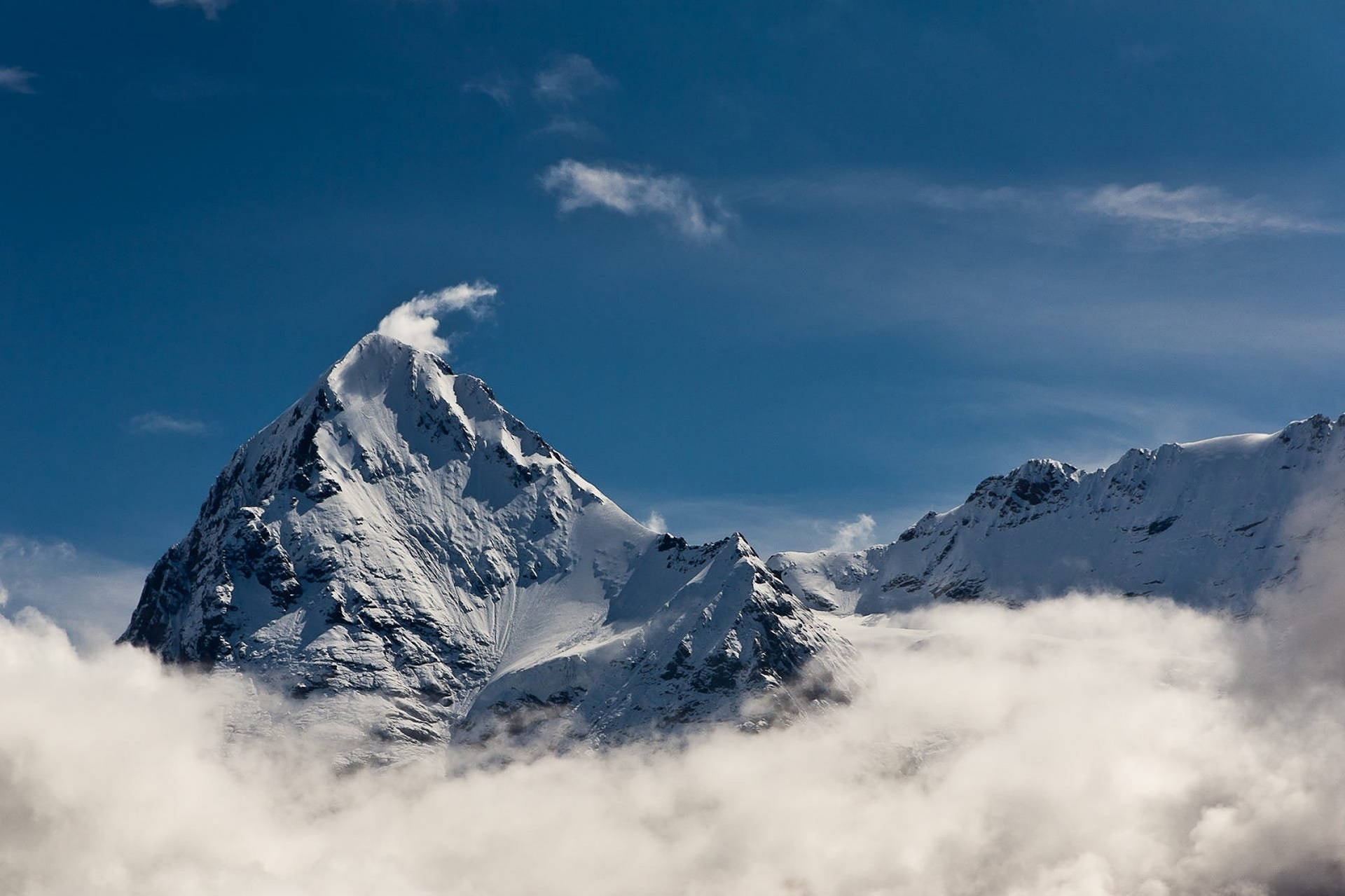 Swiss Alps, snow-capped mountain peak, fluffy white clouds, Full HD Desktop Wallpaper