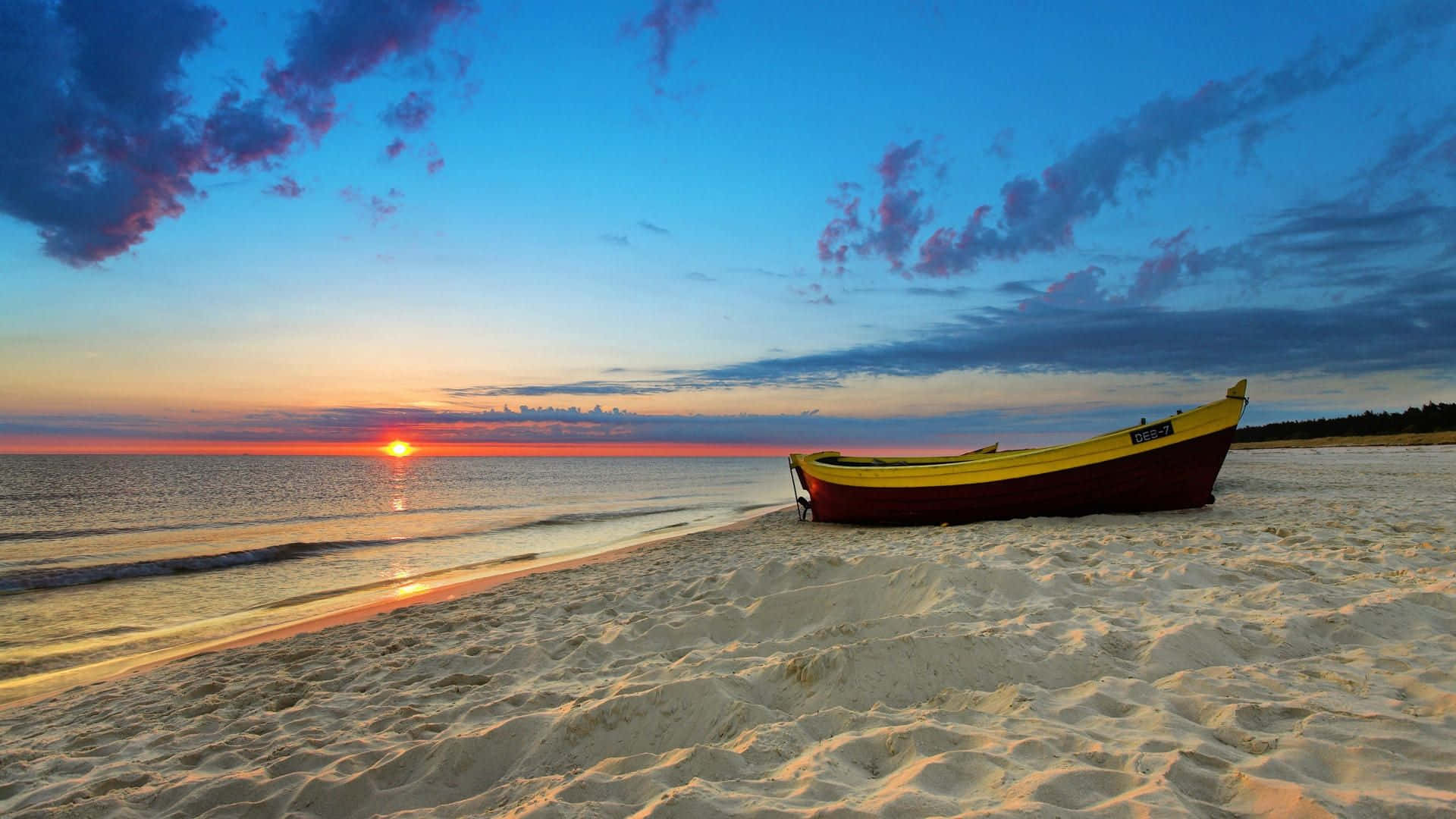 Swiss Alps, yellow and red boat, golden sand, Full HD Desktop Wallpaper