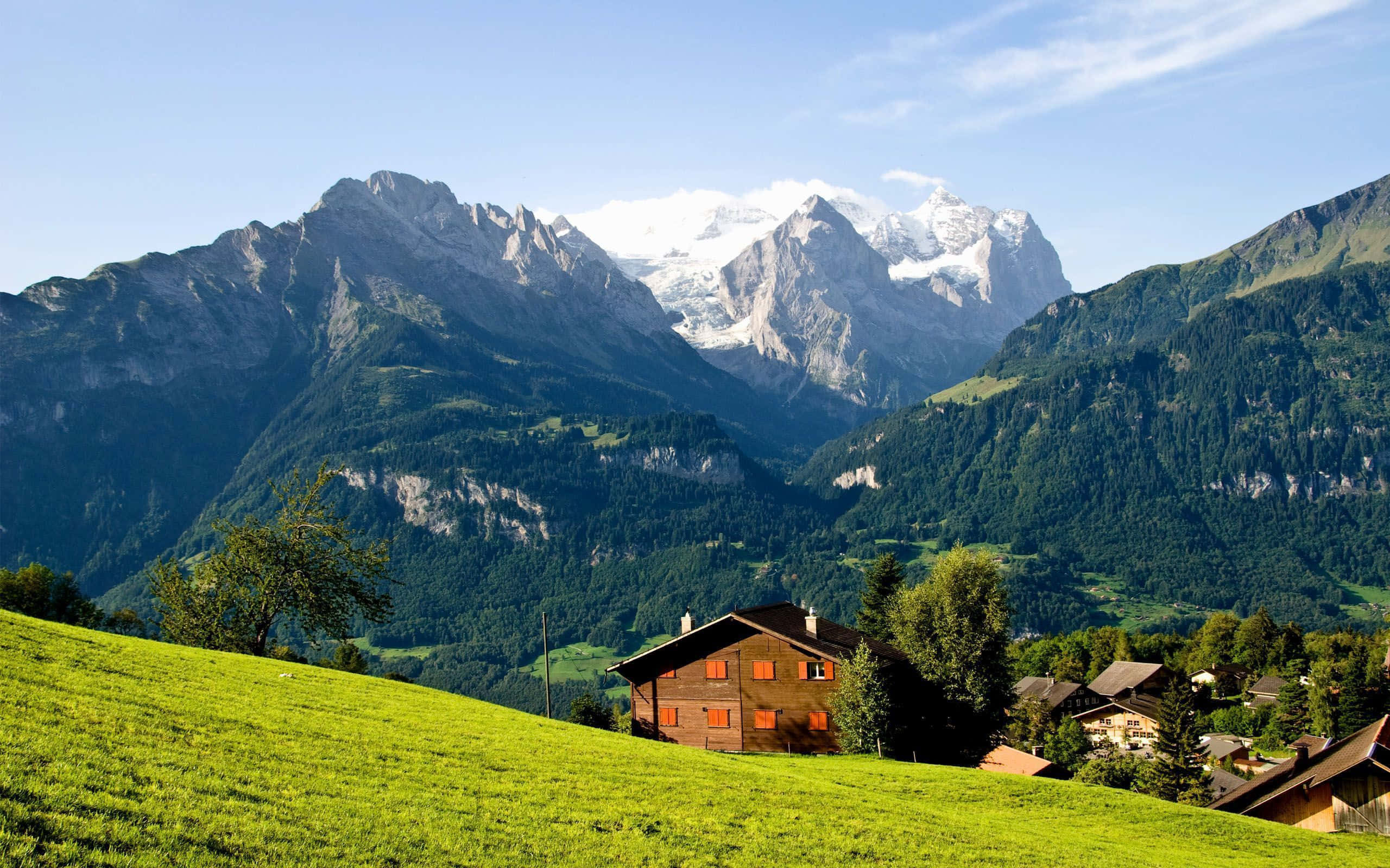Swiss Alps, rustic wooden chalet, orange shutters, 2K Desktop Wallpaper