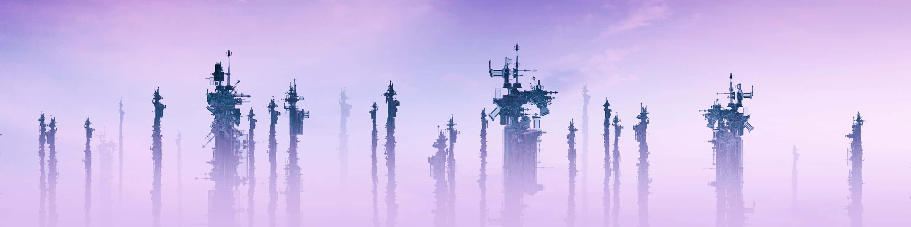 Swiss Alps, futuristic towers, misty purple fog, 2K Desktop Wallpaper
