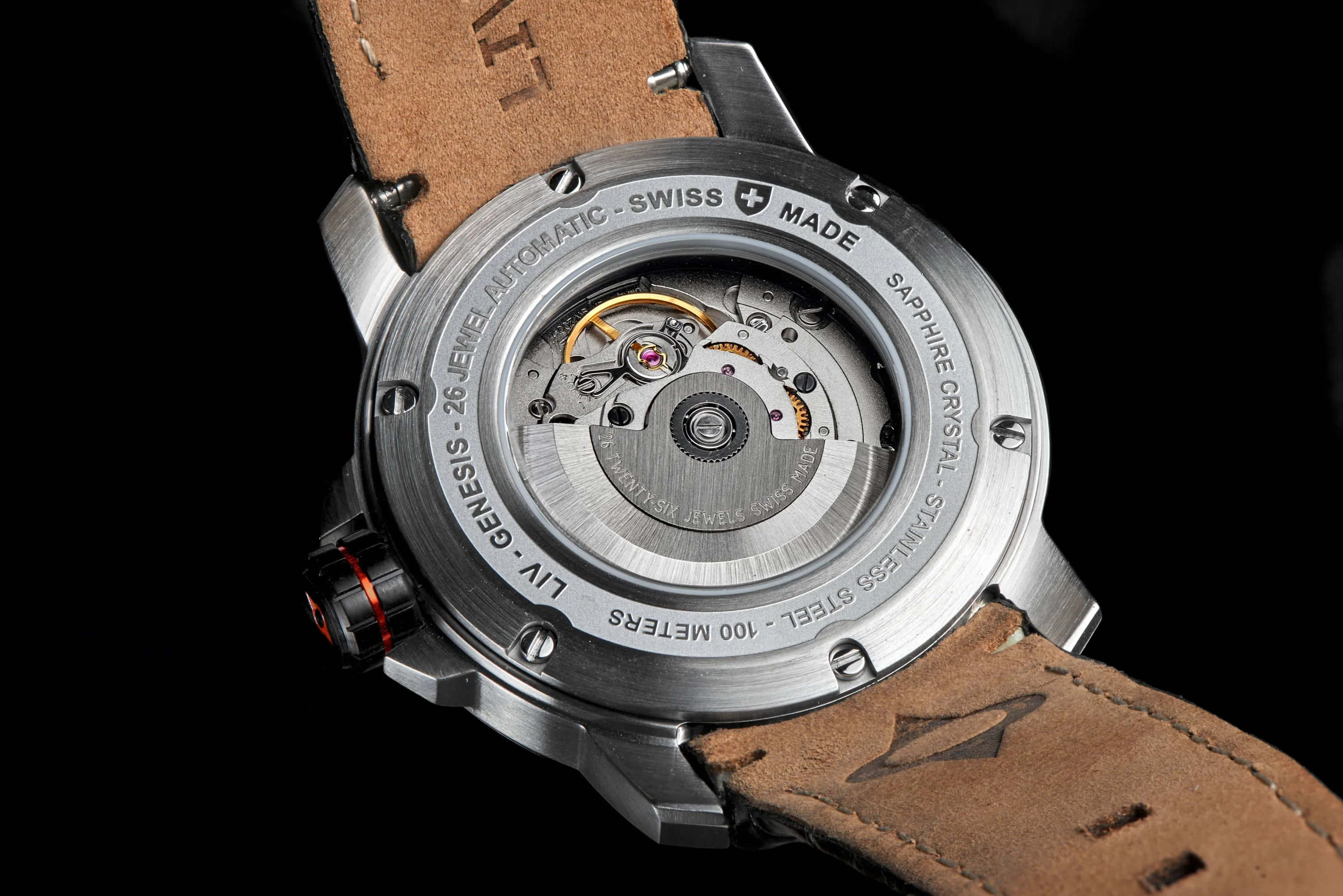 automatic Swiss made watch, exposed mechanical movement, engraved details, 2K Desktop Wallpaper