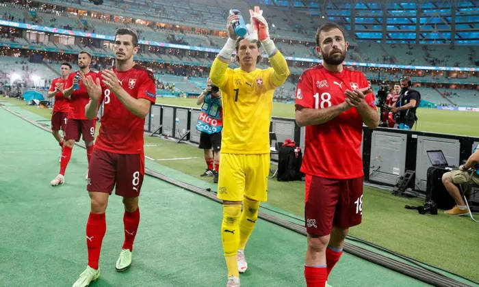 Switzerland National Football Team, red and yellow uniforms, stadium field, SD Desktop Wallpaper