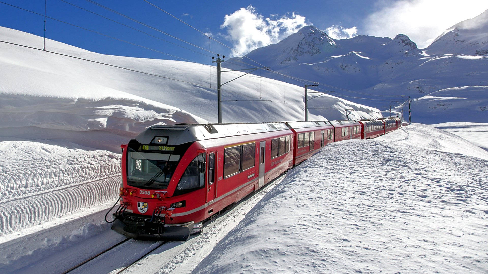 red train, snowy mountain valley, bright blue sky, Full HD Desktop Wallpaper