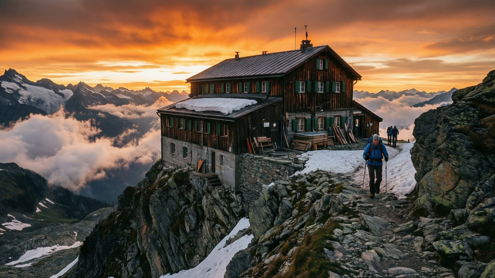 mountain hut, sunset, wooden mountain hut, Full HD Desktop Wallpaper