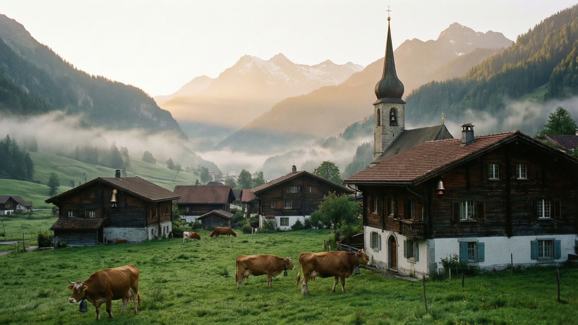 alpine village, sunrise, lush green meadow, Full HD Desktop Wallpaper