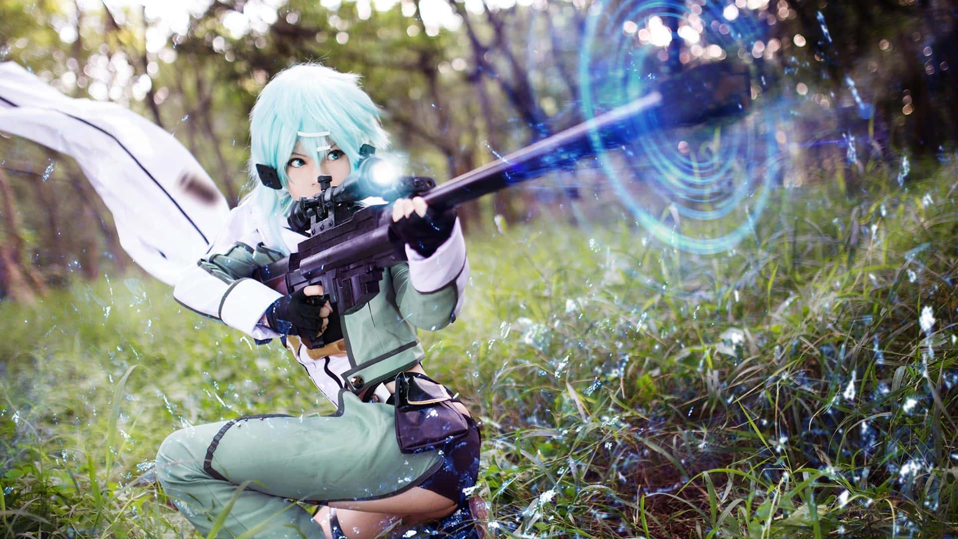 Sword Art Online, mint green hair, white cape, Full HD Desktop Wallpaper