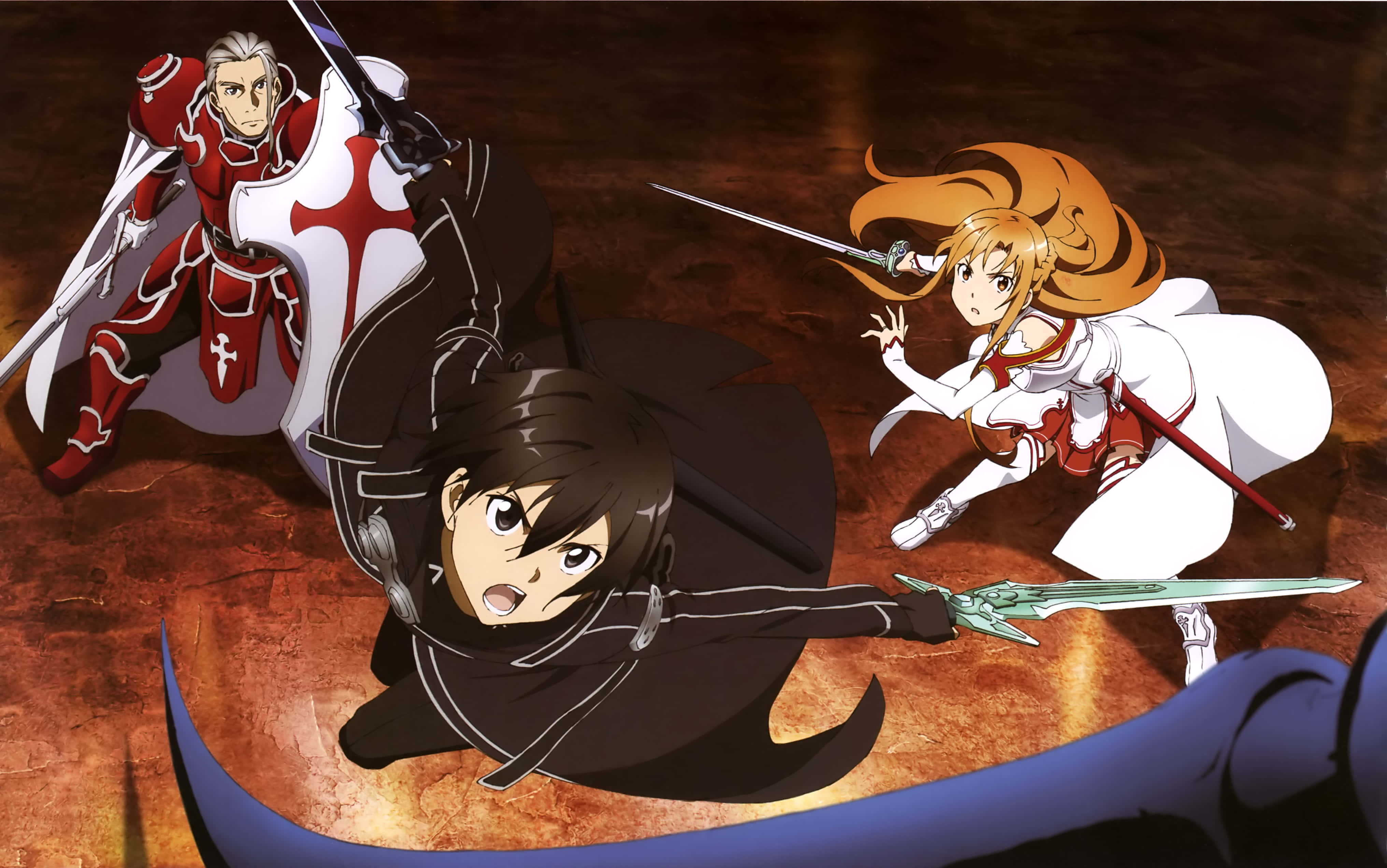 Sword Art Online, anime swordsmen, dynamic combat poses, 4K Desktop Wallpaper