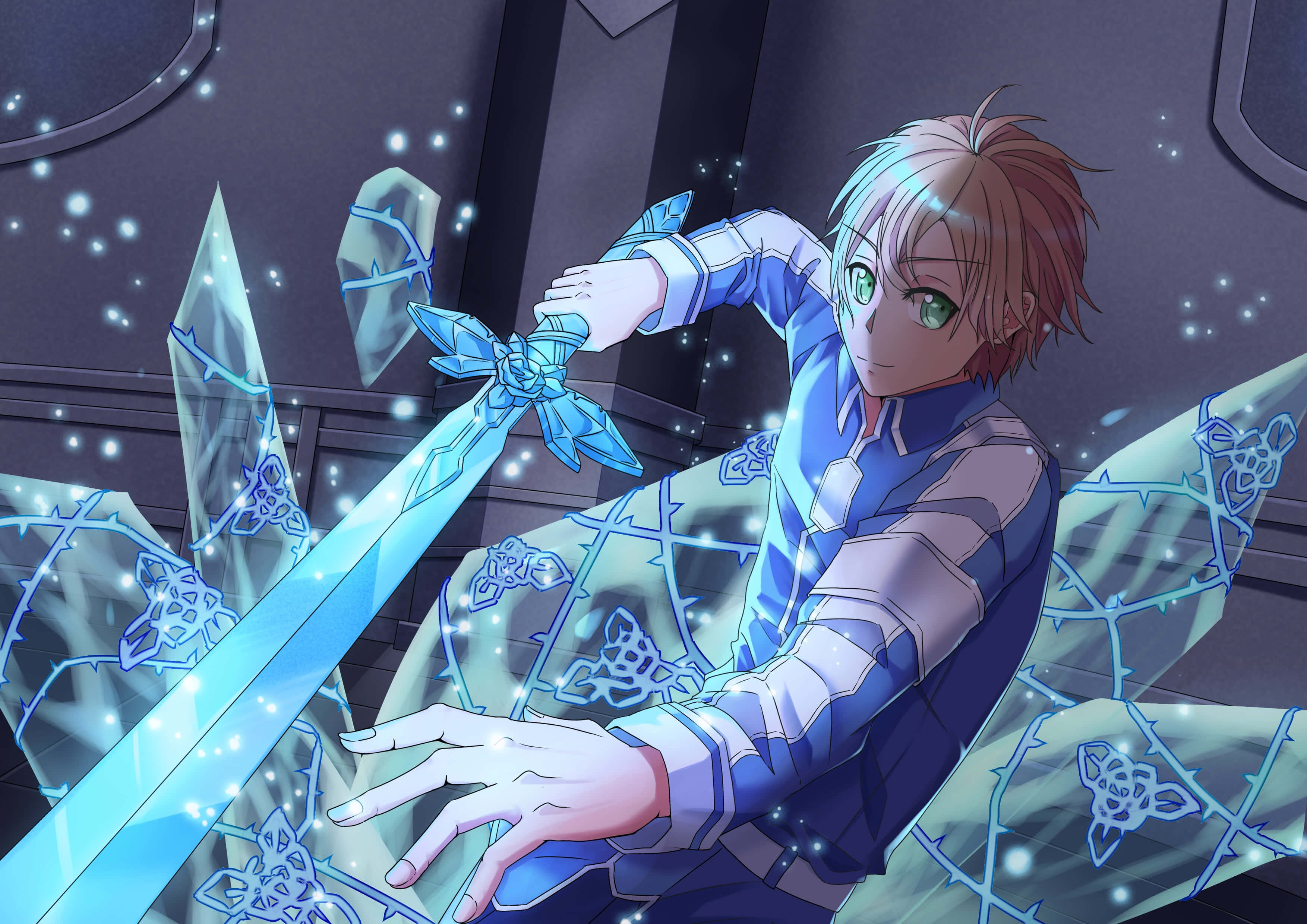 Sword Art Online, Eugeo, glowing blue crystalline sword, 2K Desktop Wallpaper