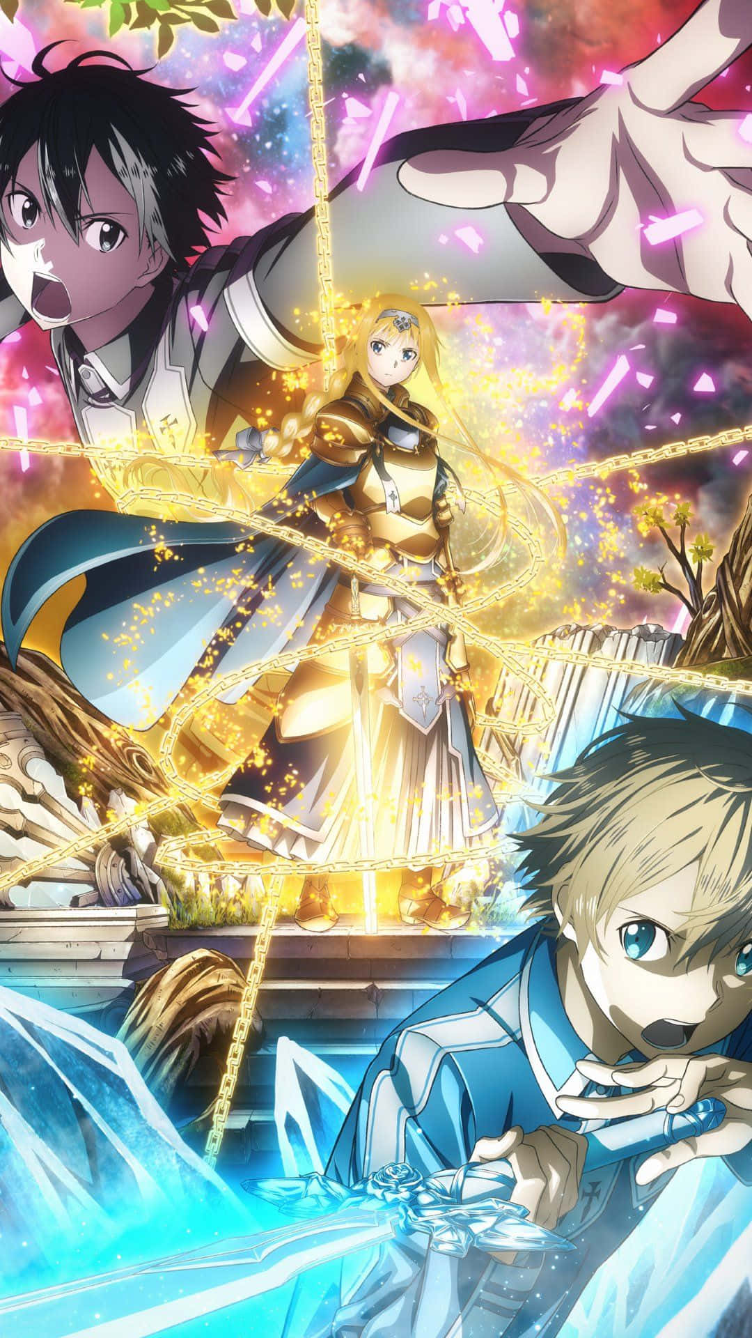 Sword Art Online, anime characters, glowing golden chains, Full HD Phone Wallpaper