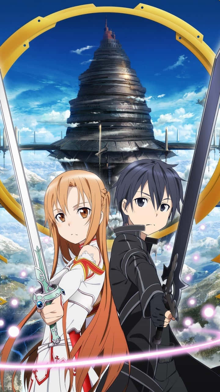 Sword Art Online, anime swordsmen, towering floating fortress, HD Phone Wallpaper