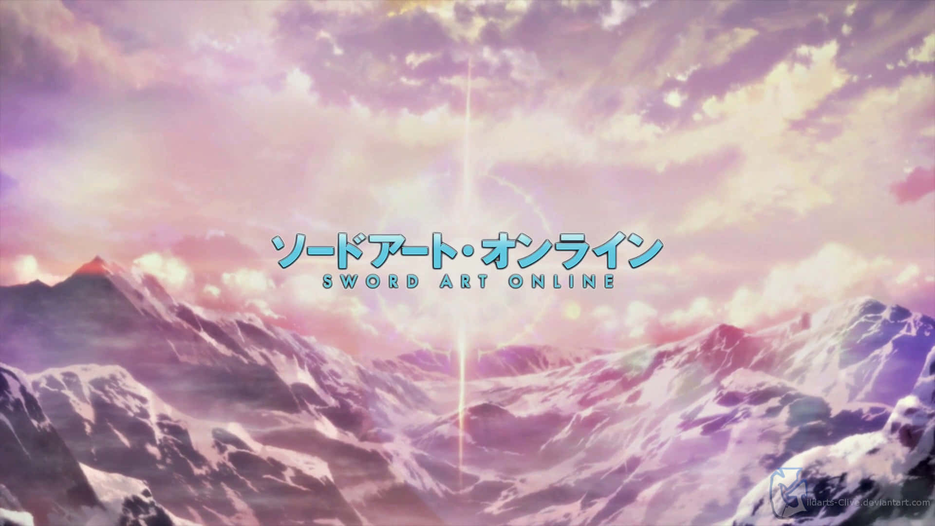 Sword Art Online, purple and pink sunset sky, snowcapped mountains, Full HD Desktop Wallpaper