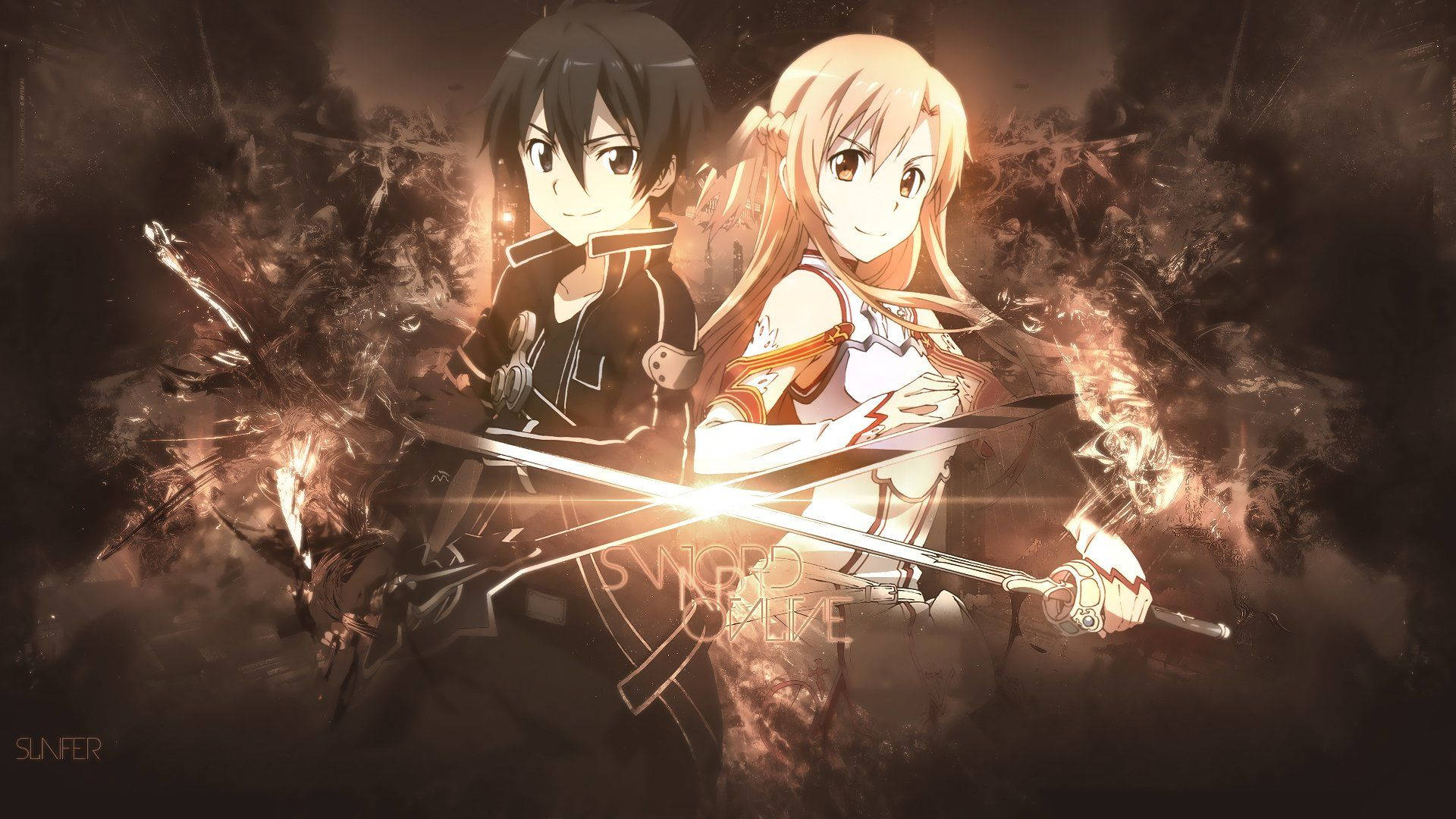 Sword Art Online, anime swordsmen, fiery battle, Full HD Desktop Wallpaper