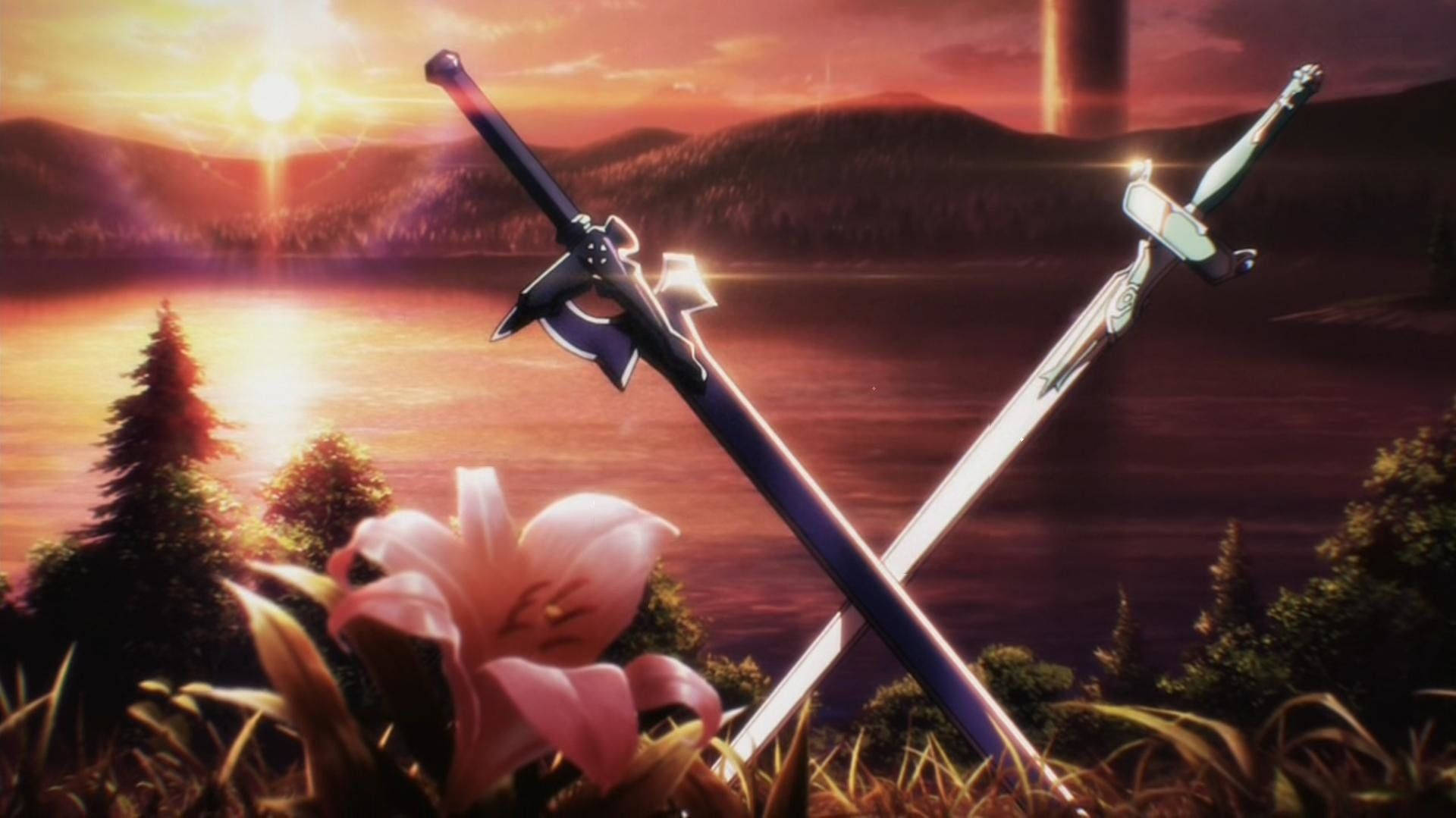 Sword Art Online, two crossed swords, pink lily, Full HD Desktop Wallpaper