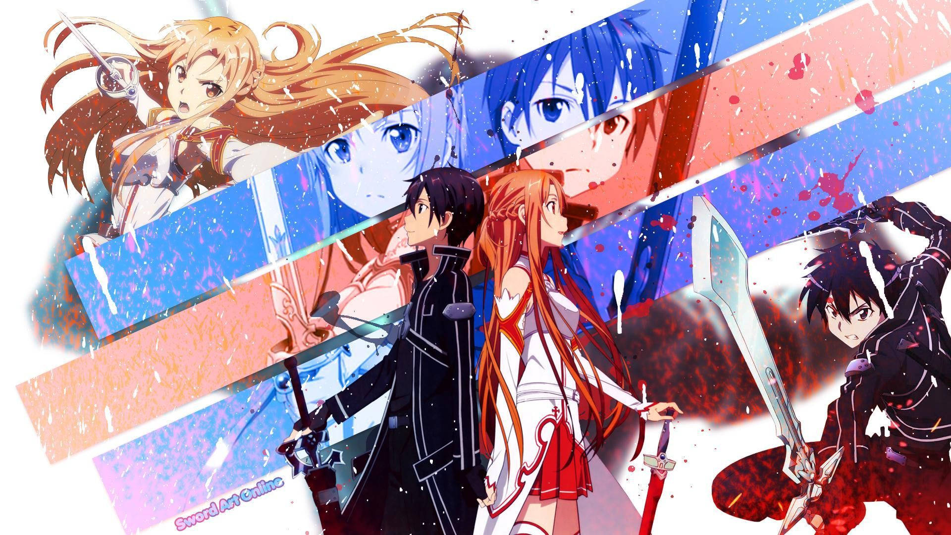 Sword Art Online, anime characters, vibrant splattered color panels, Full HD Desktop Wallpaper