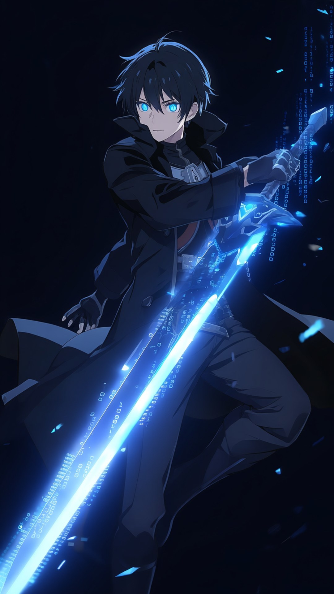 digital rain, glowing blue eyes, radiant blue sword, Full HD Phone Wallpaper