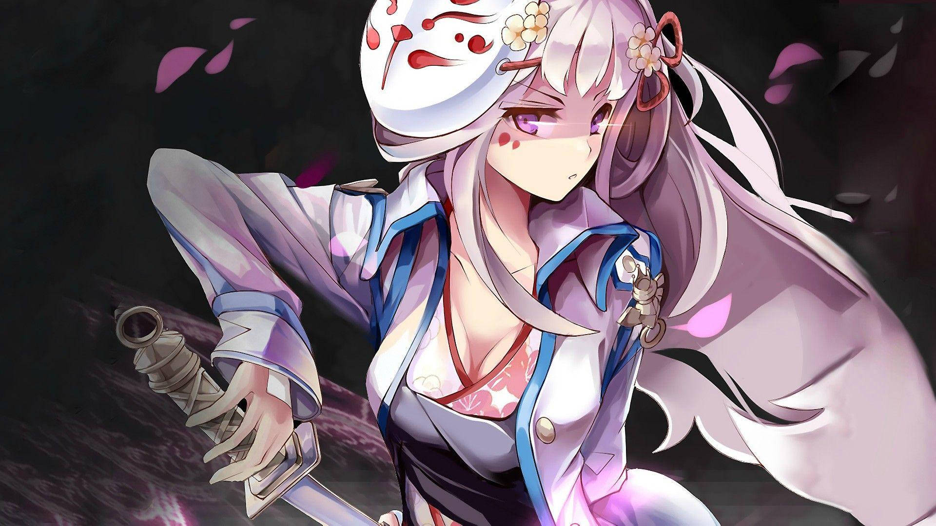 female ecchi sword master, long silver hair, white mask, Full HD Desktop Wallpaper