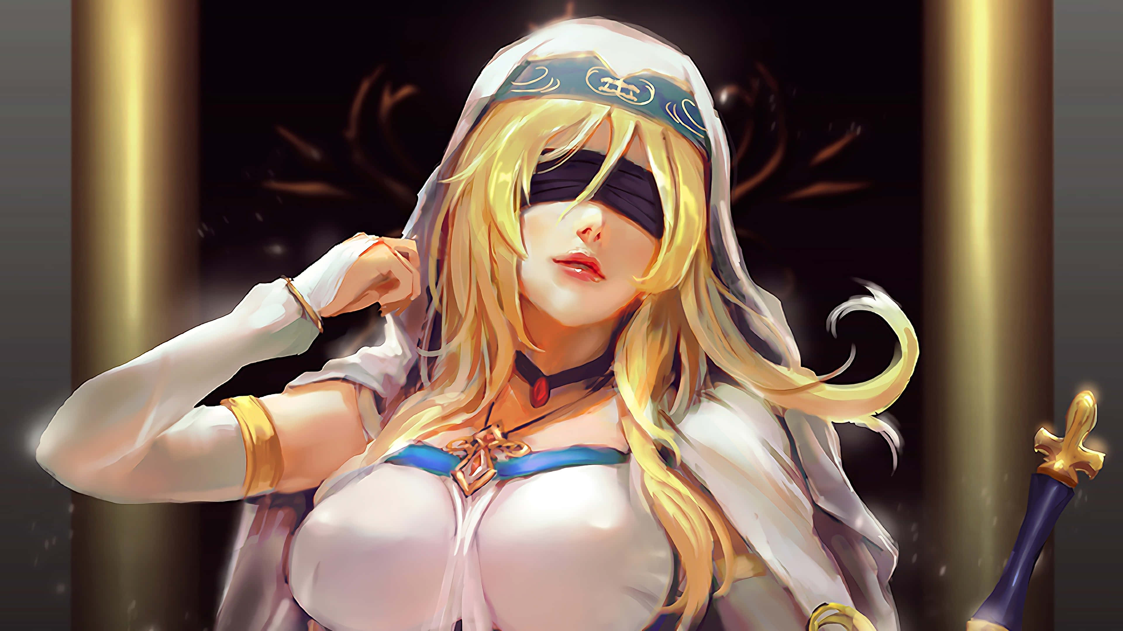 Sword Maiden, blonde anime woman, white and blue armor, 4K Desktop Wallpaper
