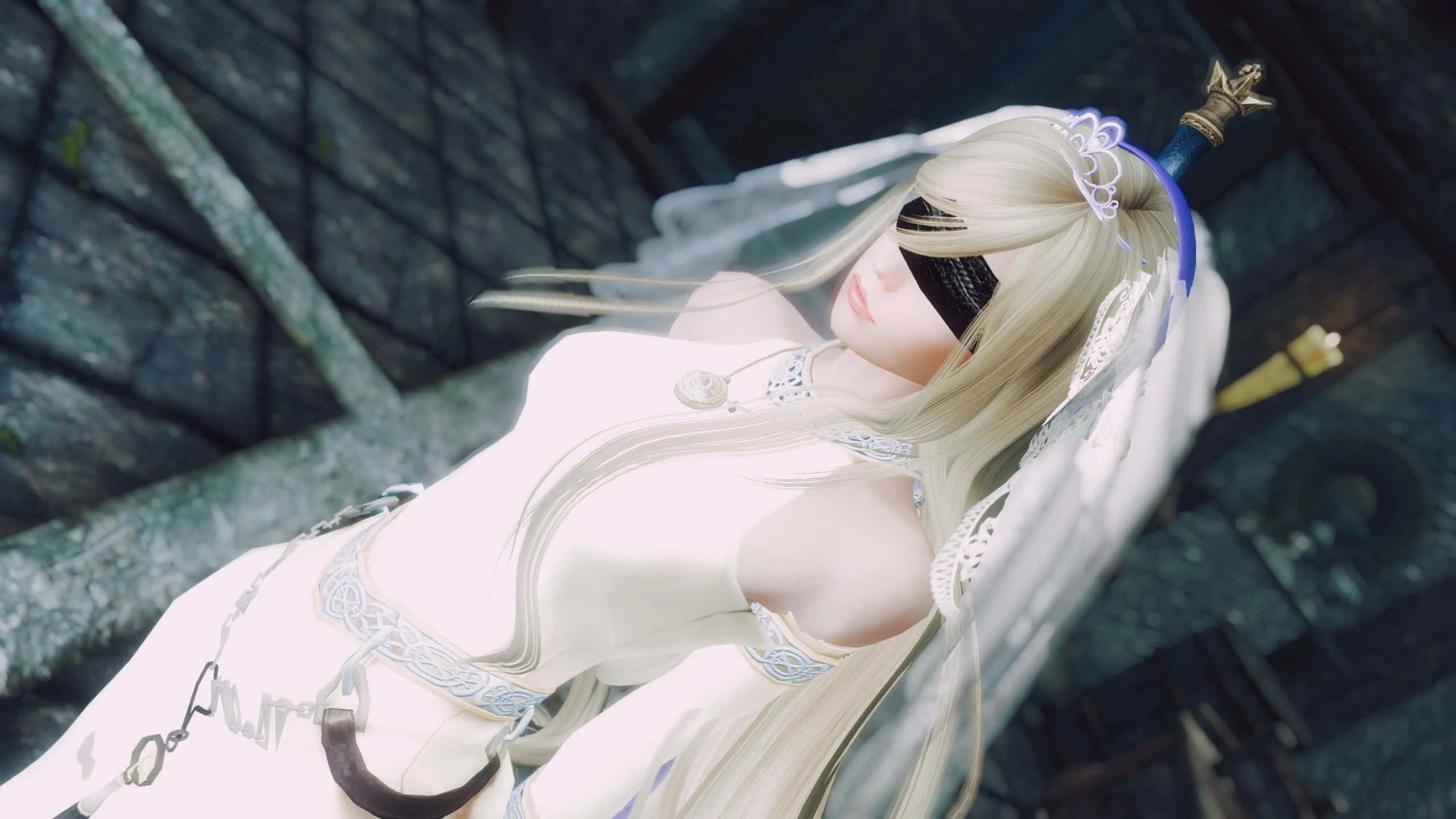 Sword Maiden, blindfolded priestess, blonde anime bride, 2K Desktop Wallpaper