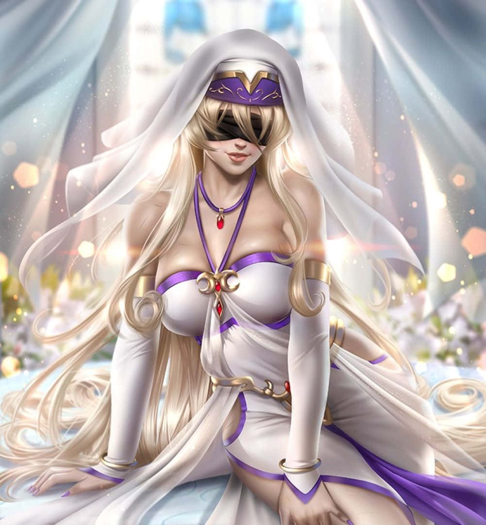 blonde anime bride, white and purple gown, glowing floral light, SD Phone Wallpaper