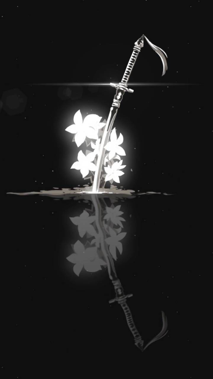 glowing katana, dark water, white flowers, HD Phone Wallpaper