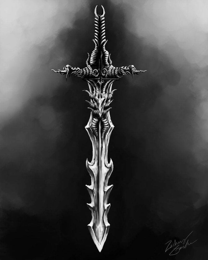 jagged sword, black gradient background, demonic motifs, SD Phone Wallpaper