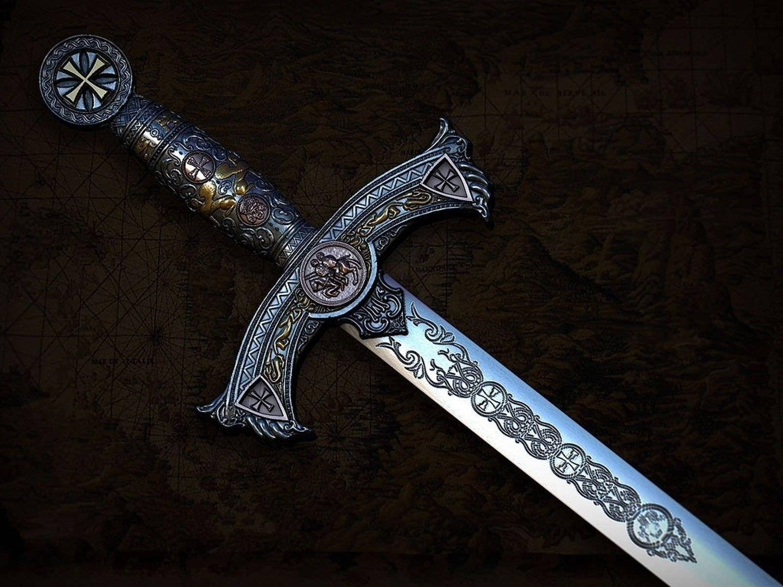 medieval sword, silver and gold detailing, intricate carvings, HD Desktop Wallpaper
