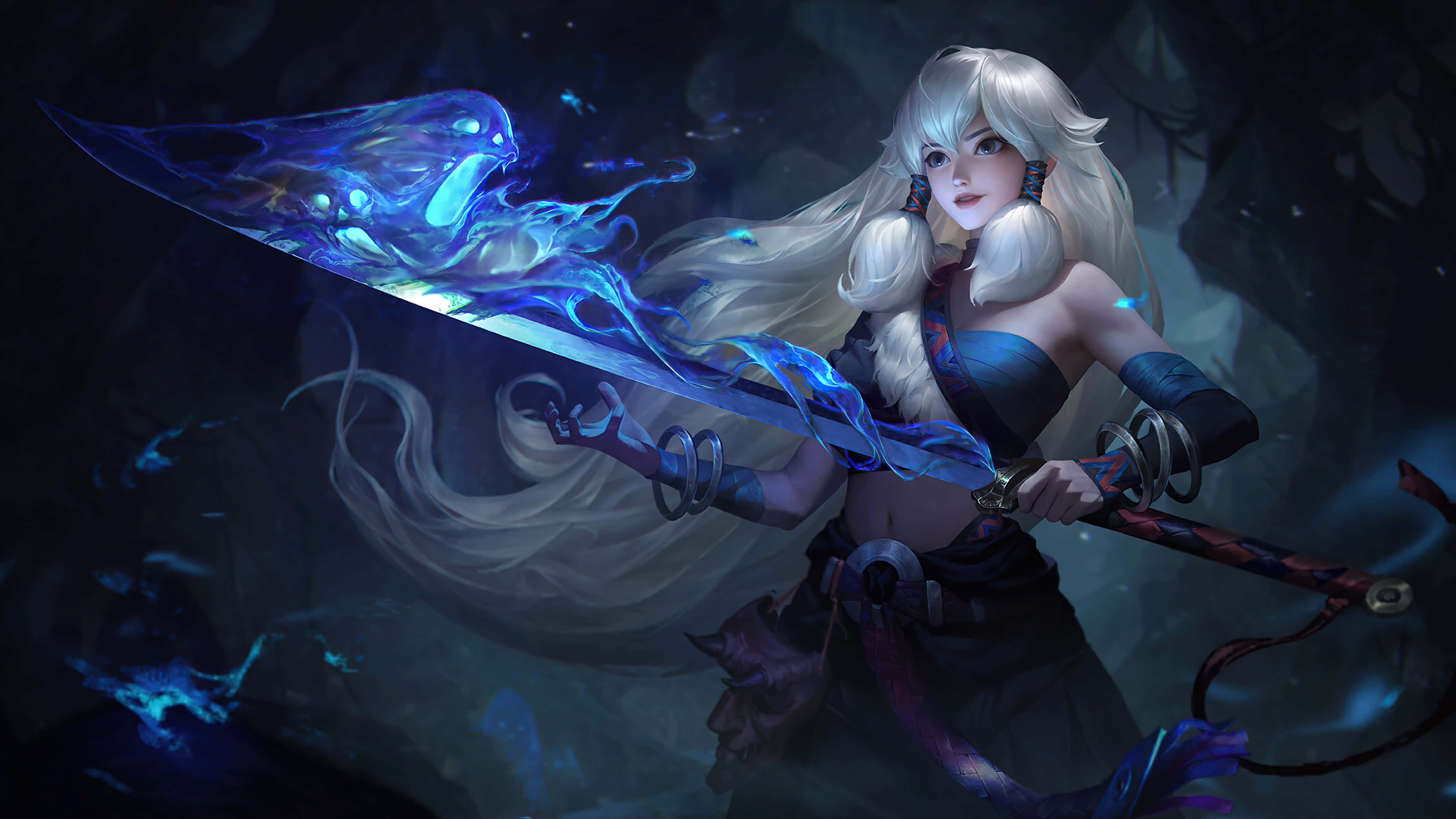 enchanted sorceress, mystical sword, glowing blue sword, 4K Desktop Wallpaper