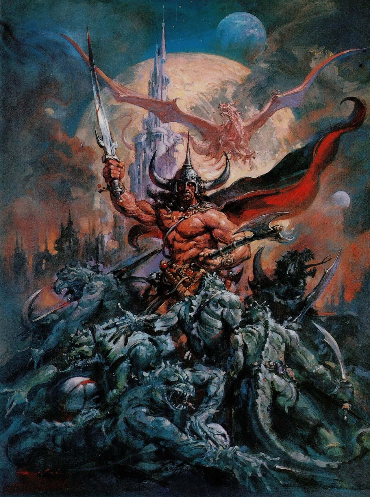 barbarian hero, demons castle backdrop, red cape, HD Phone Wallpaper