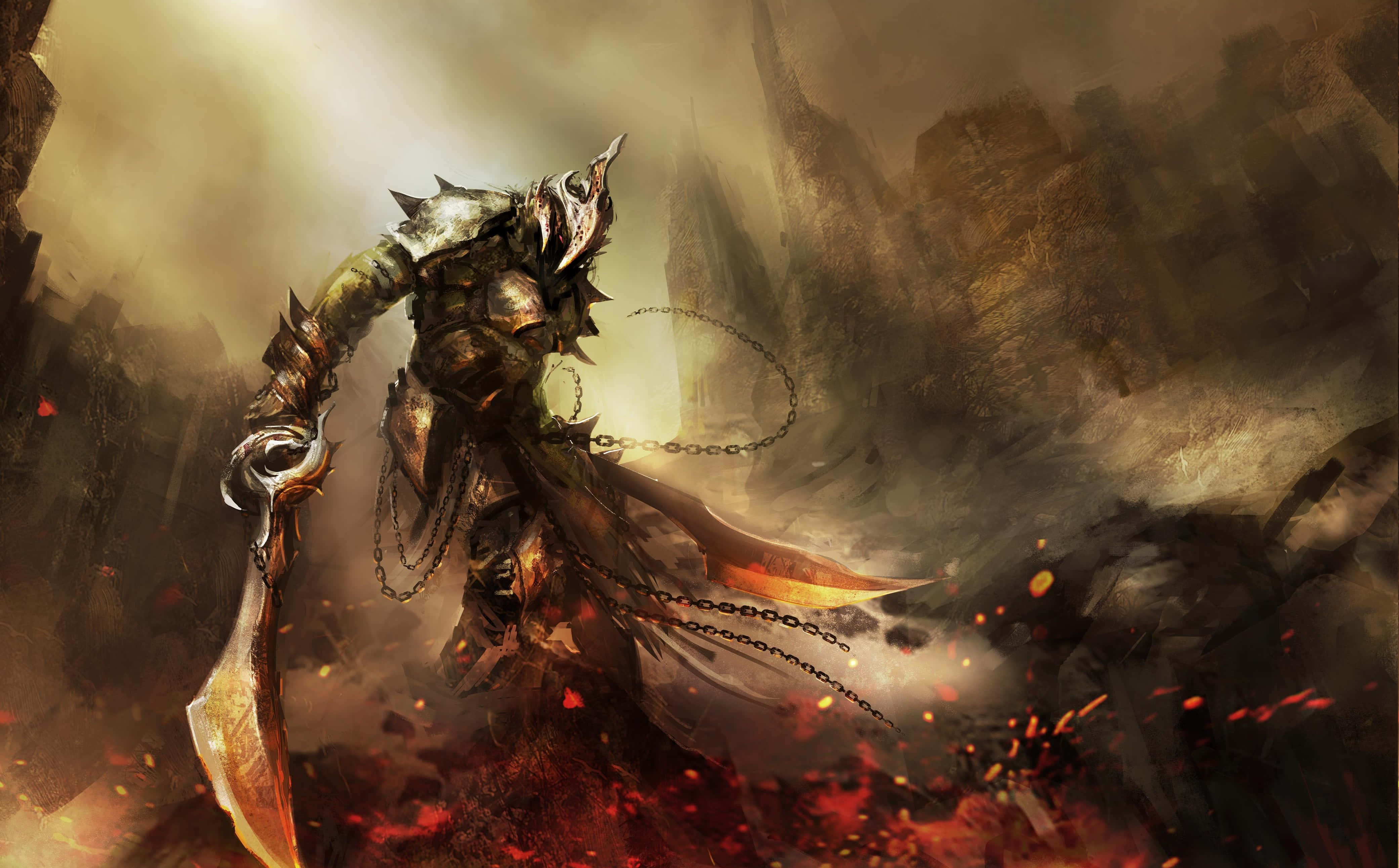 armored warrior, spiked helmet, chain weapon, 4K Desktop Wallpaper