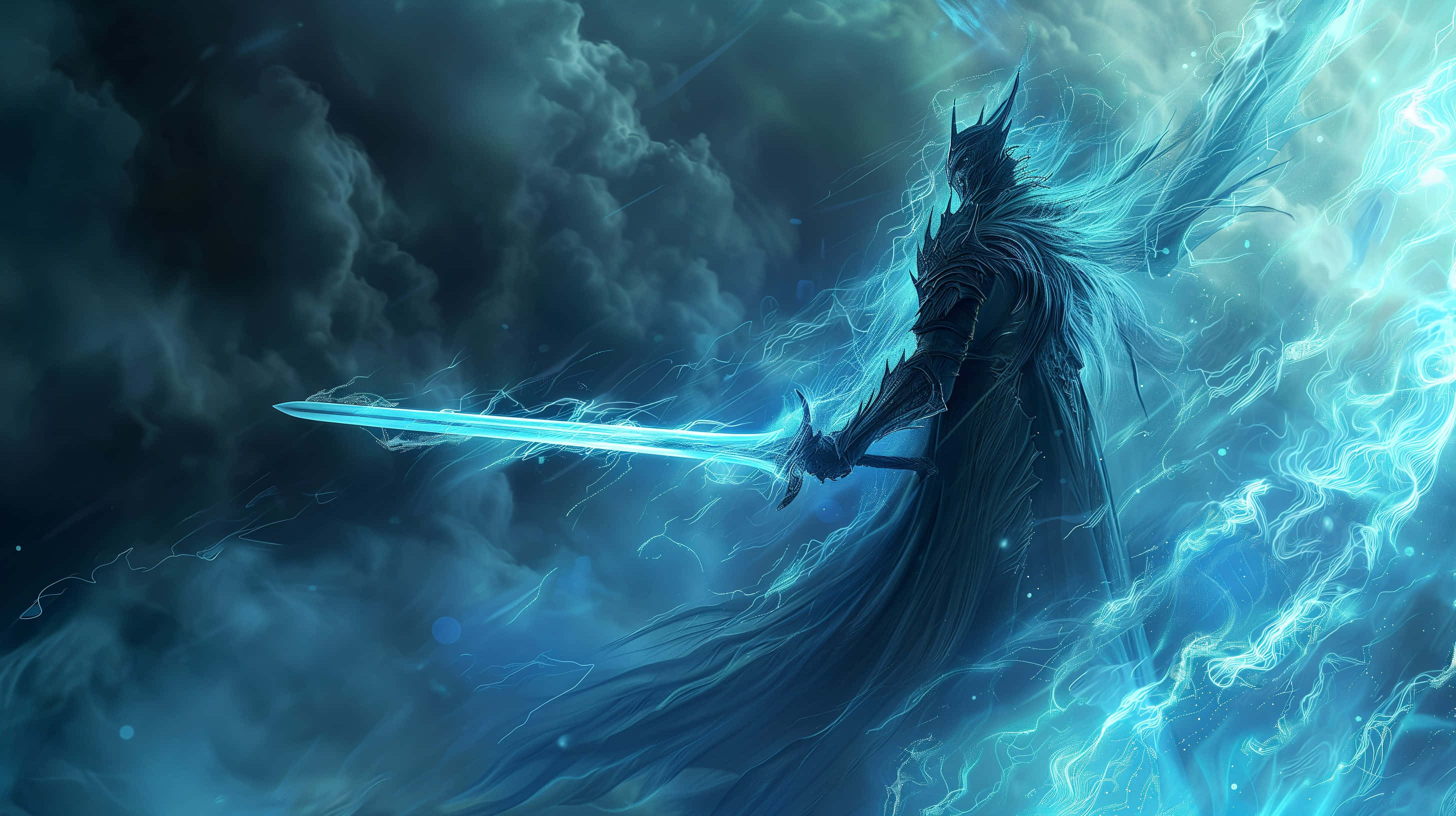 mystical sorcerer, electric blade, glowing blue sword, 2K Desktop Wallpaper