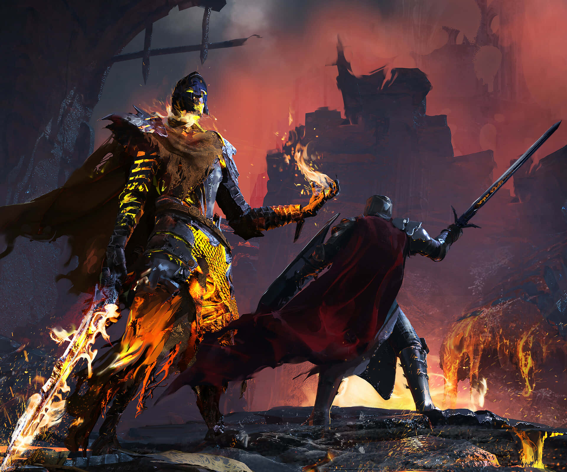 epic fantasy battle showdown, fiery ruin, molten lava, Full HD Desktop Wallpaper