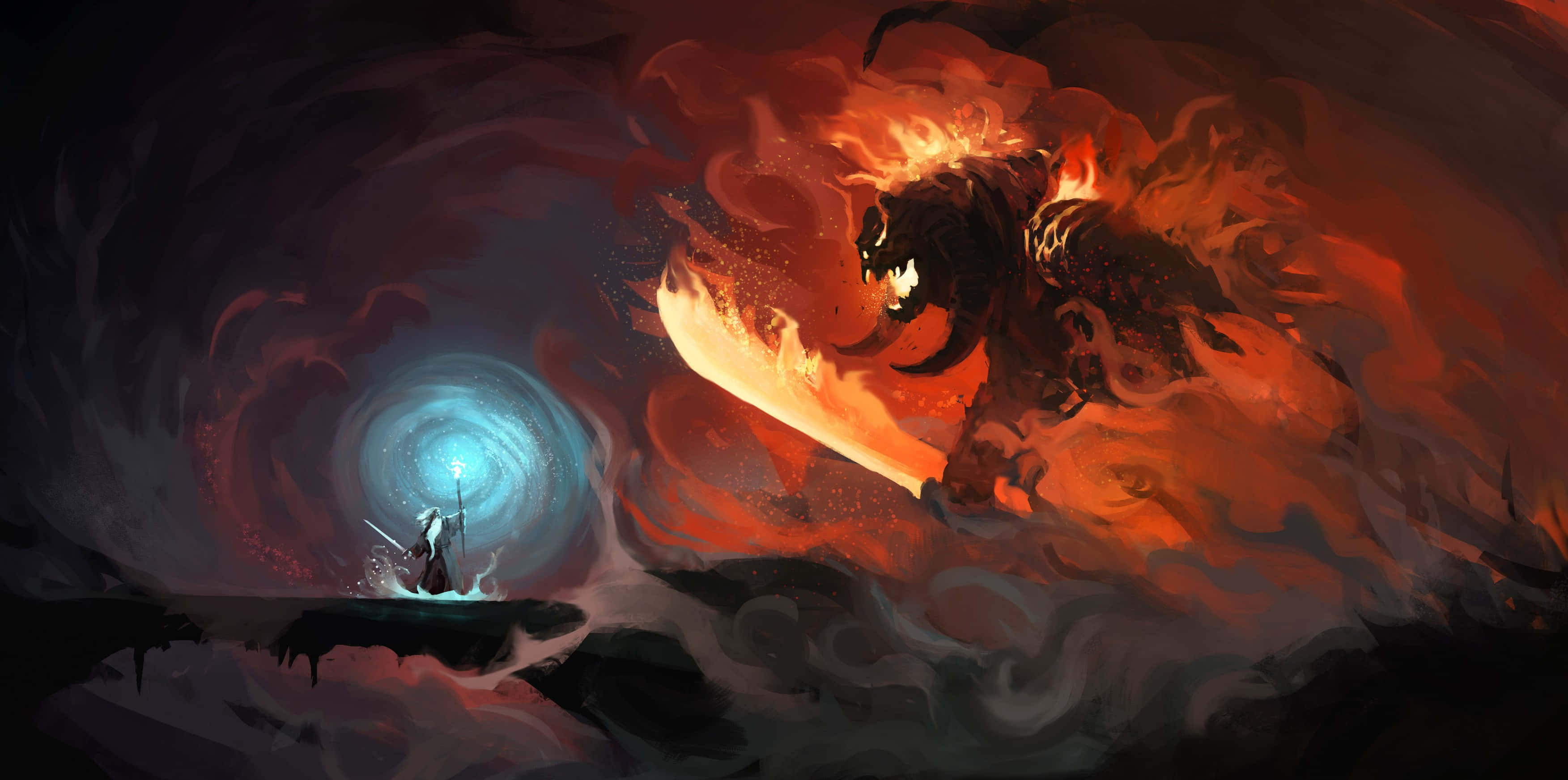 fire demon, swirling blue portal, massive fiery demon, 2K Desktop Wallpaper