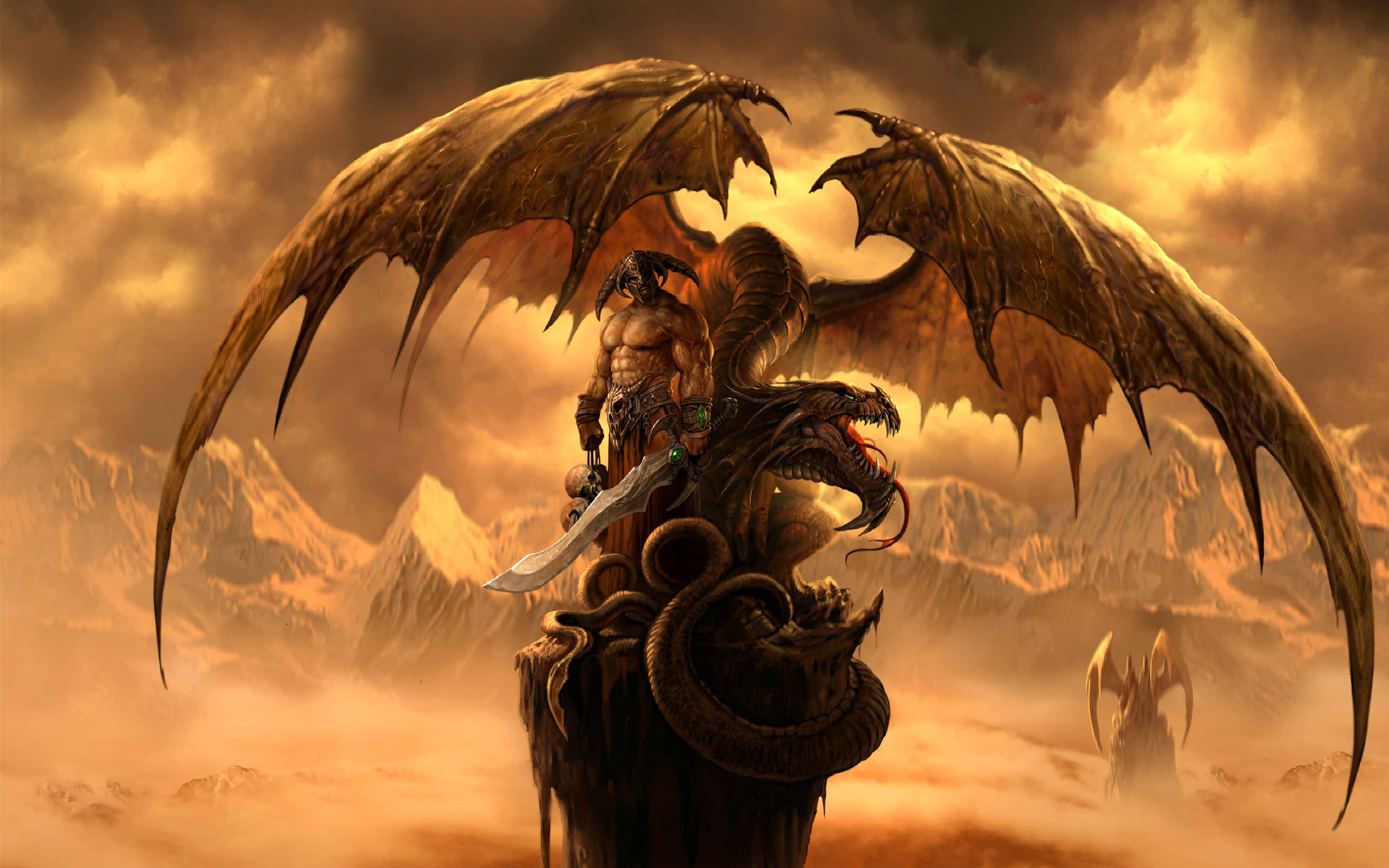 winged warrior, bat-like wings, dragon's head, 2K Desktop Wallpaper