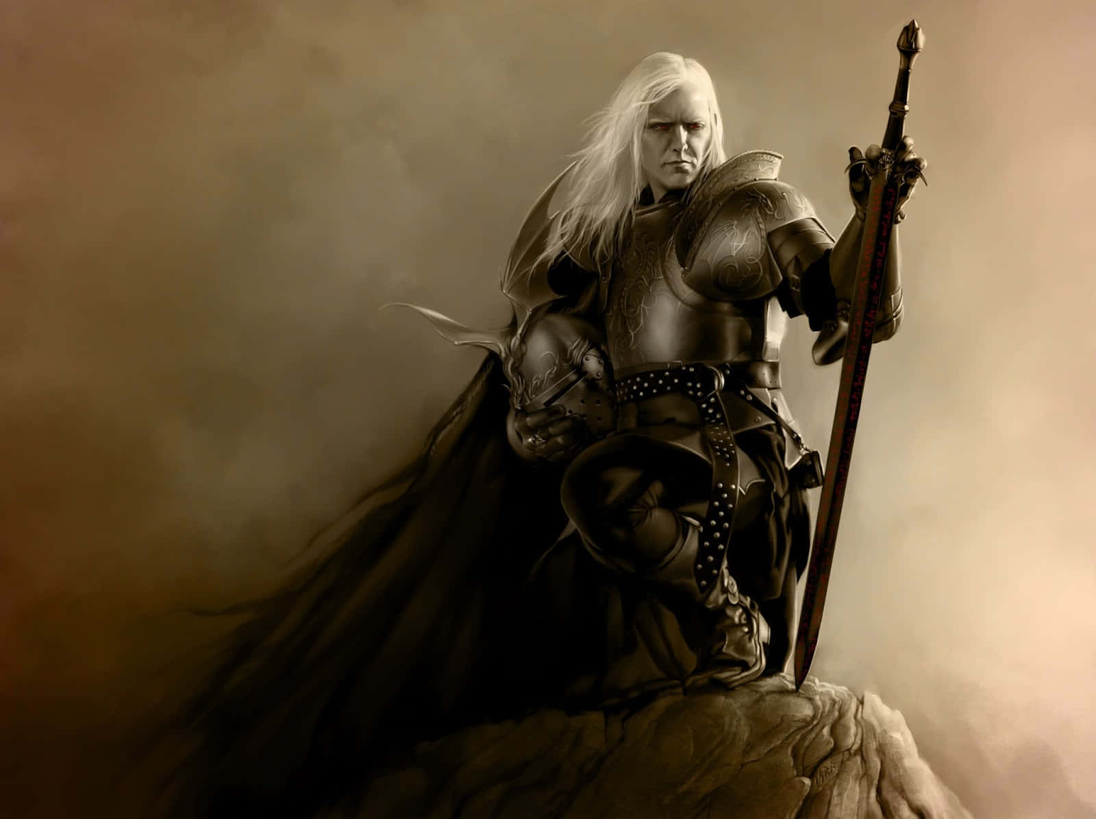 epic warrior, long white hair, rocky outcrop, HD Desktop Wallpaper