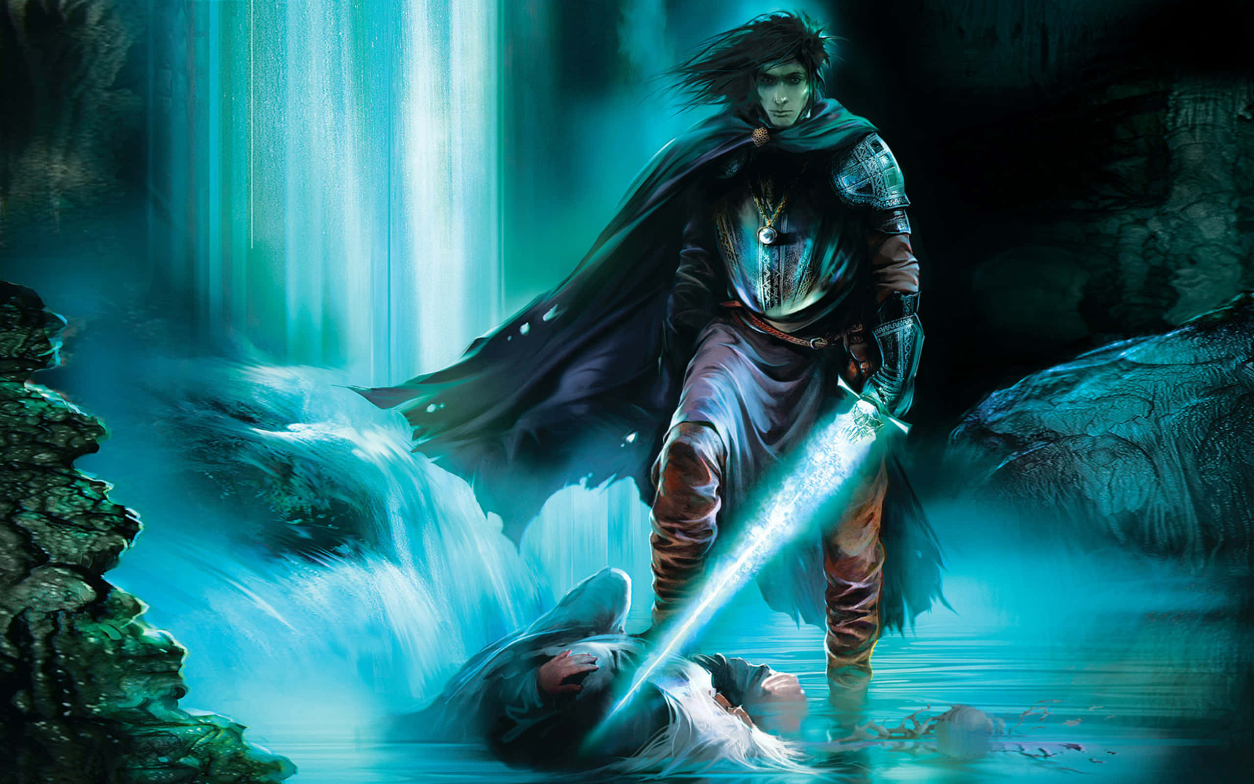 mystic waterfall duel, dark-haired warrior, cloak, 2K Desktop Wallpaper