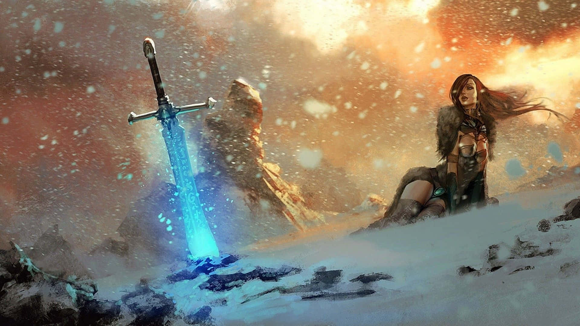 enchanted sword, sorceress, snowstorm, Full HD Desktop Wallpaper