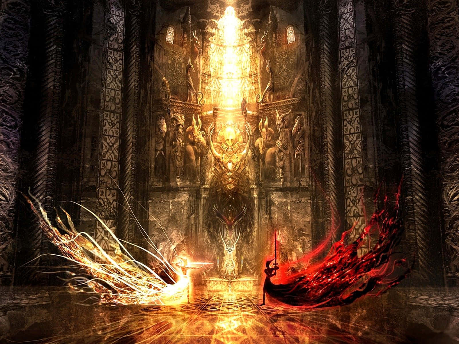 mystical duel, ancient hall, glowing golden altar, HD Desktop Wallpaper