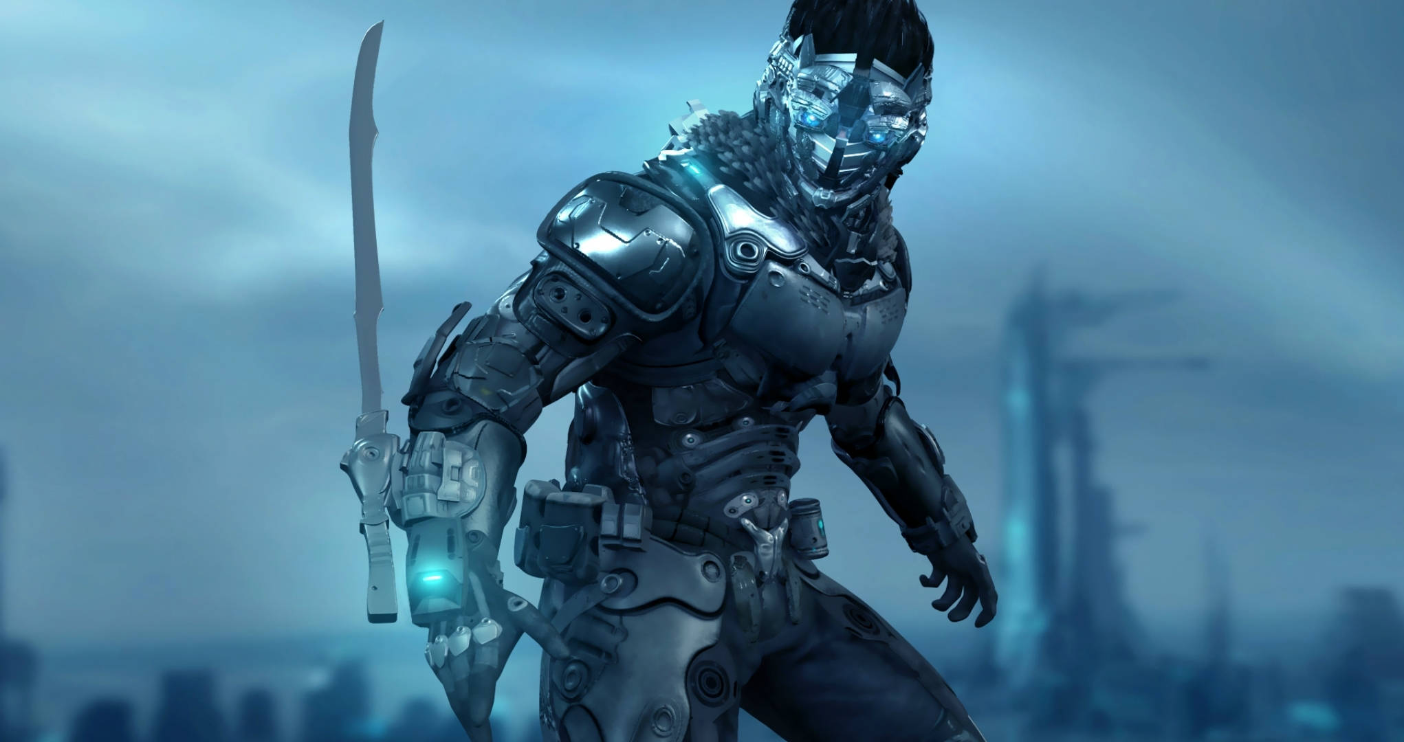 cybernetic warrior, dark armor, glowing sword, Full HD Desktop Wallpaper