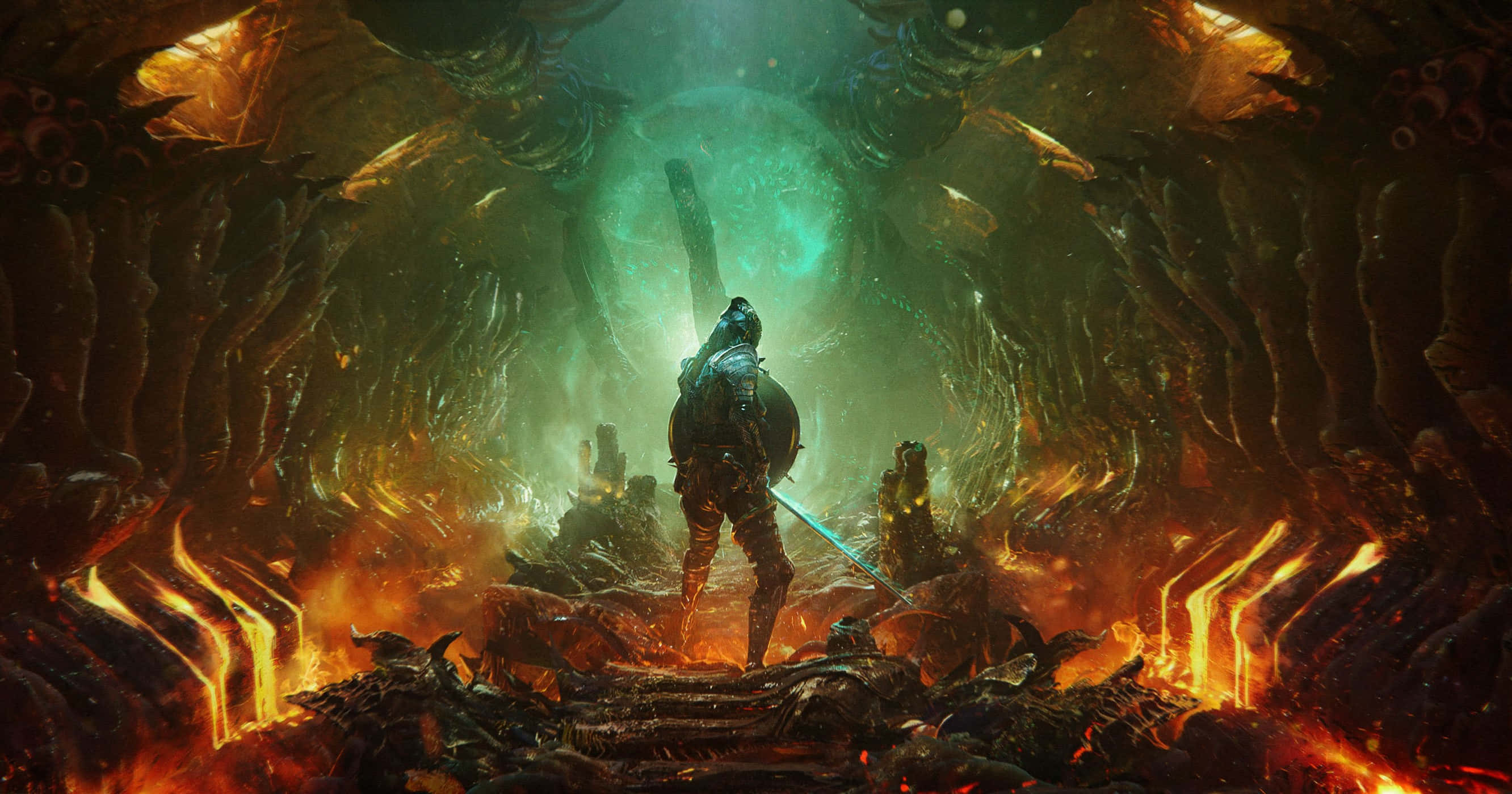 Warrior, ancient gate, fiery cavern, 2K Desktop Wallpaper